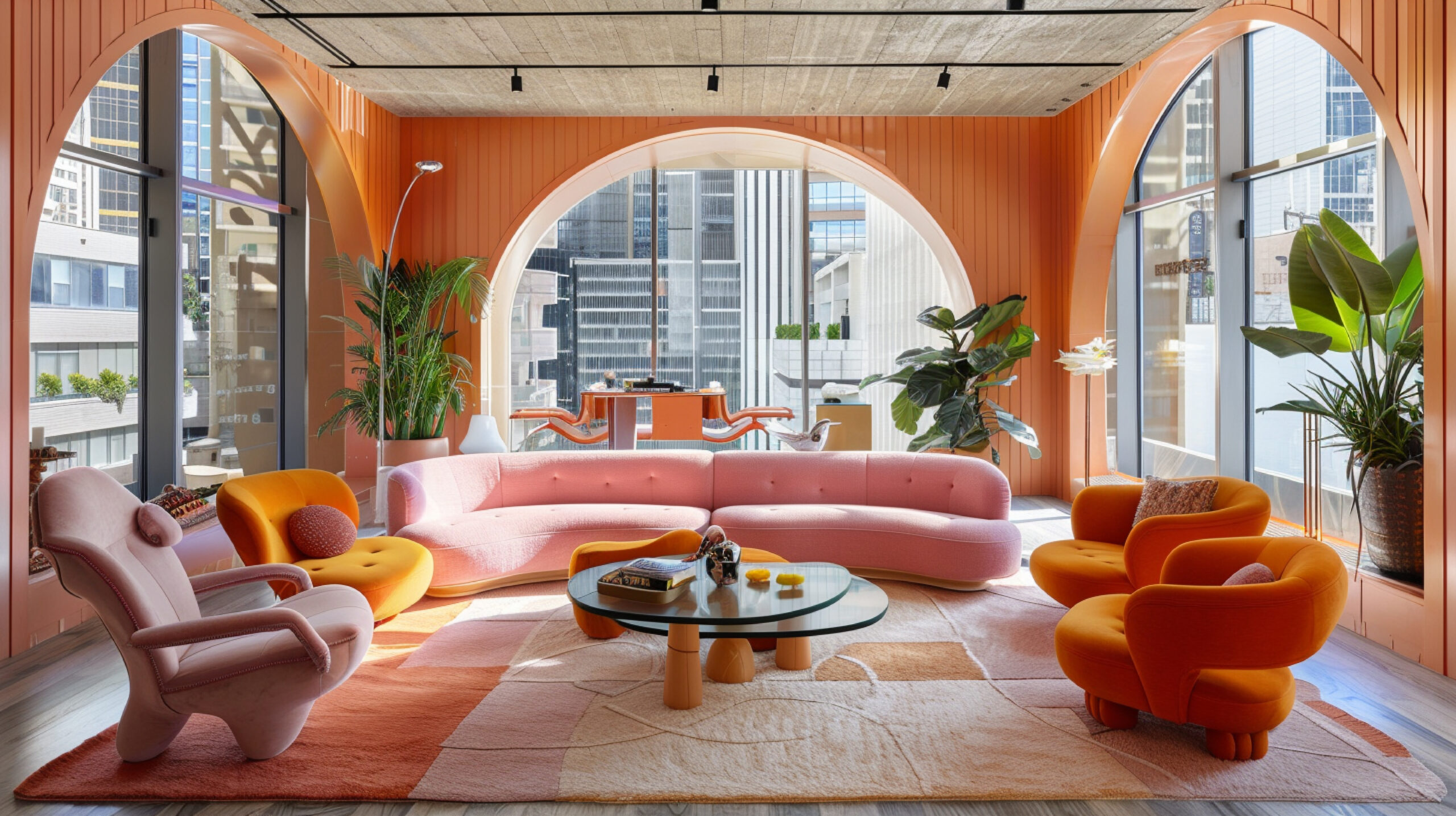 room-with-green-couch-orange-chairs-large-window